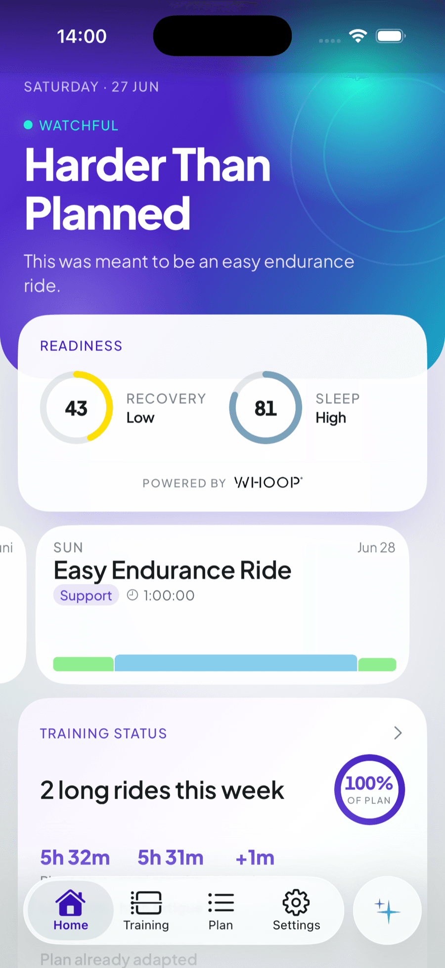 Evora Home — today's readiness and training status