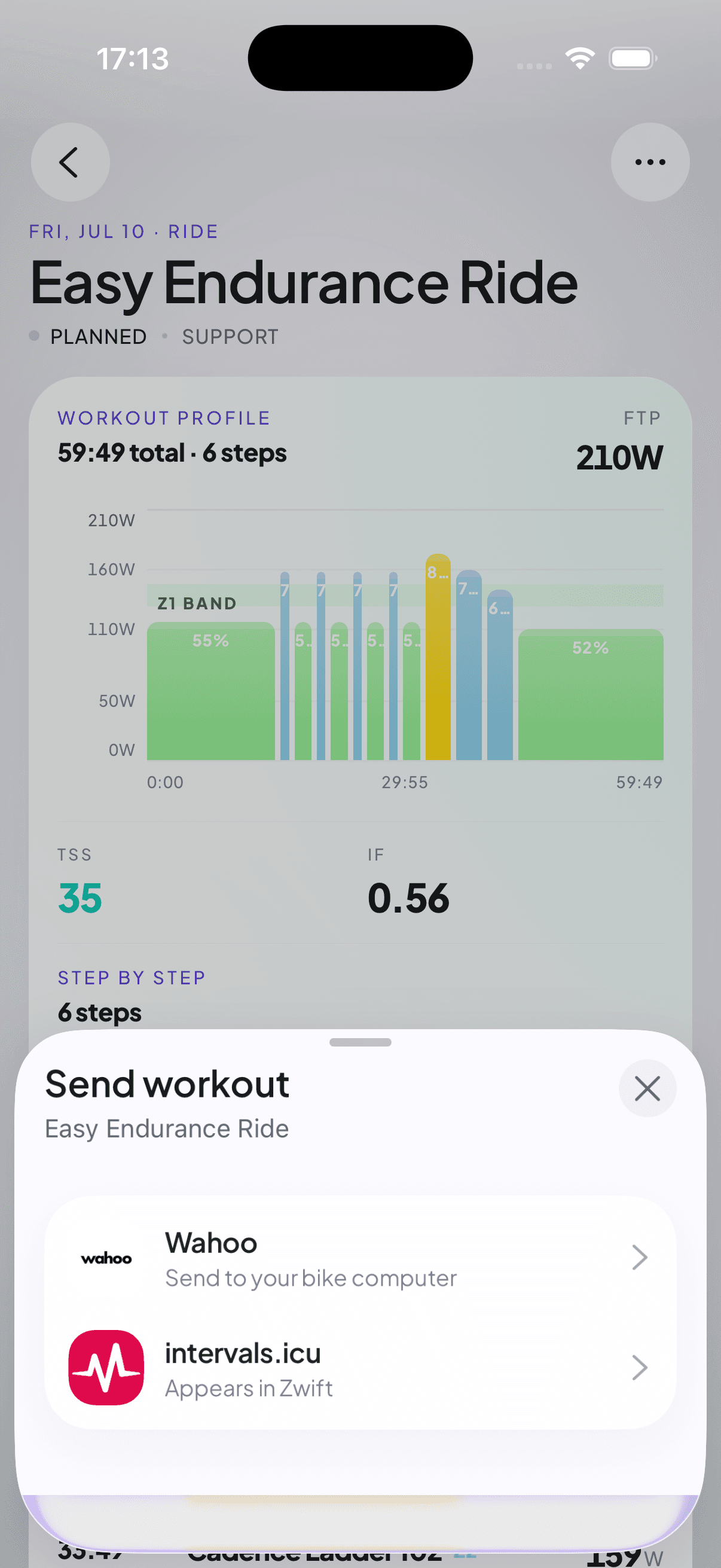 Evora sending a planned ride to a Wahoo head unit and to Zwift via intervals.icu