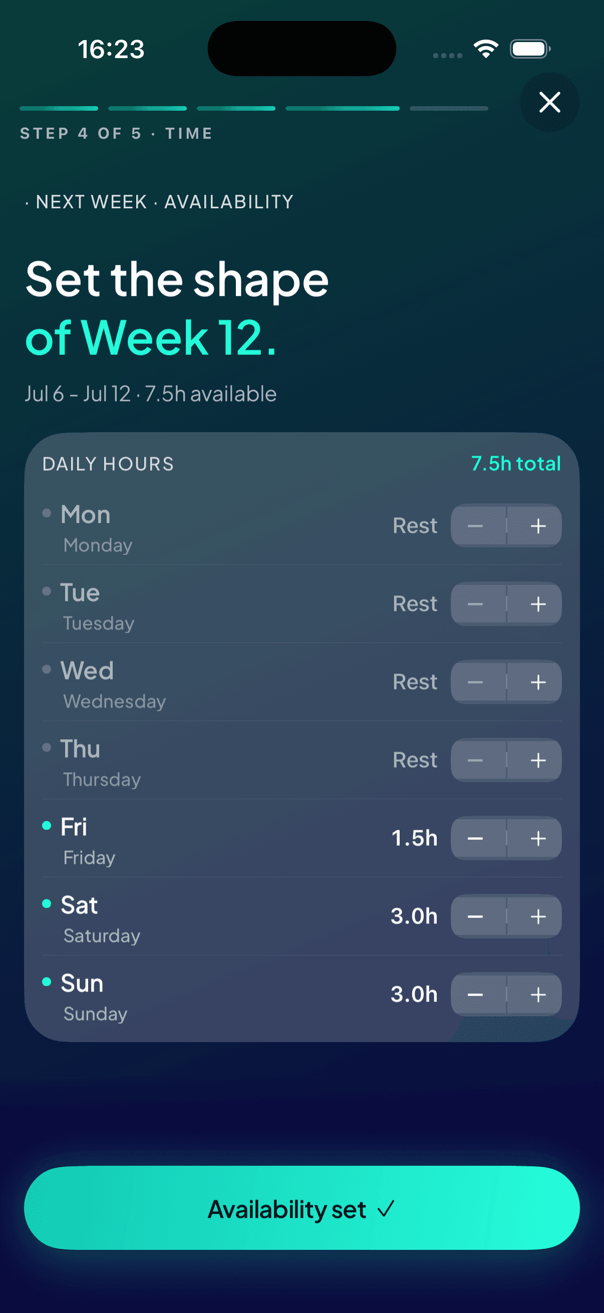 Evora Weekly Review — setting next week's real hours