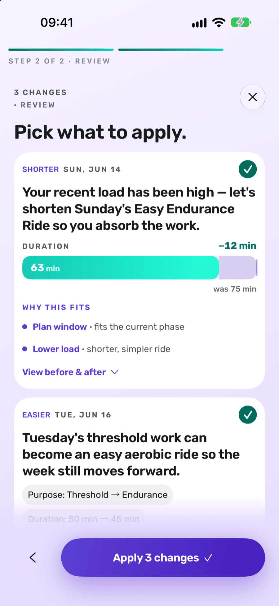 Evora plan update — Pick what to apply: three changes, among them Sunday's ride shortened from 75 to 63 minutes because recent load has been high and Tuesday's threshold work turned into an easy aerobic ride, and the button Apply 3 changes